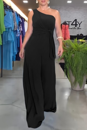 Black Casual Solid Backless Oblique Collar Regular Jumpsuits