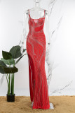 Rouge Sexy Patchwork Hot Drilling Transparent Dos Nu Slit Spaghetti Strap Robe Longue