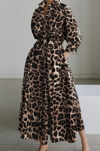 Khaki Casual Print Leopard Patchwork Turndown Collar Long Sleeve Dresses