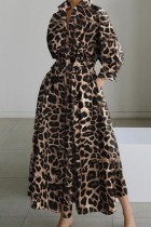 Kaki casual print luipaard patchwork turndown kraag lange mouw jurken