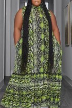 Grünes, lässiges, bedrucktes Basic-Kleid mit halbem Rollkragen und langem Kleid in Übergröße