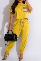 Yellow Casual Solid Patchwork O Neck Short Sleeve Two Pieces