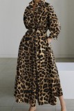 Khaki Casual Print Leopard Patchwork Umlegekragen Langarm Kleider
