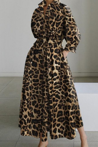 Kaffe Casual Print Leopard Patchwork Turndown-krage Långärmade klänningar
