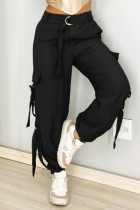 Calça preta casual sólida patchwork regular cintura alta convencional de cor sólida