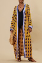 Dark Yellow Casual Print Patchwork Cardigan Swimwears Cover Up