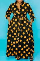 Yellow Casual Dot Print Patchwork Turndown Collar Long Dress Plus Size Dresses