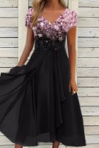 Zwart paars casual print patchwork jurk met korte mouwen en korte mouwen