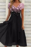 Schwarz-lila lässiges Patchwork-Kleid mit O-Ausschnitt und kurzen Ärmeln