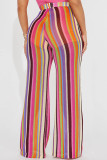 Pantalones de estampado completo convencional de cintura alta básicos con estampado de rayas casual rosa púrpura