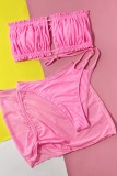Розовый сексуальный цельный бандажный купальник из трех частей с открытой спиной (с прокладками)
