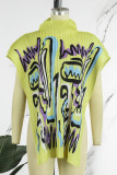 Yellow Casual Print Asymmetrical Turtleneck Tops