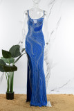 Vestido largo correa de espagueti con abertura sin espalda transparente con perforación en caliente de retazos sexy azul Vestidos
