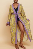 Yellow Purple Casual Print Patchwork Cardigan Swimwears Cover Up