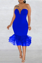 Синее сексуальное вечернее платье с открытой спиной и без бретелек