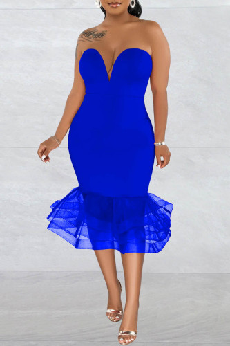 Синее сексуальное вечернее платье с открытой спиной и без бретелек