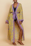 Dunkelgelber Patchwork-Cardigan mit lässigem Print und Badebekleidung