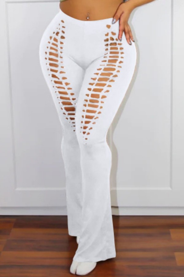 Pantalones casuales sólidos ahuecados flacos de cintura alta de color sólido convencional blanco