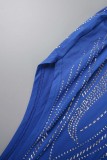 Blauwe sexy patchwork hete boren doorzichtige backless spleet spaghetti band lange jurk jurken