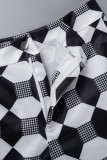Colarinho preto casual estampado patchwork manga longa duas peças