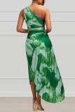 Verde Sexy Estampa Patchwork Elegante Dobra Gola Oblíqua Assimétrica Vestidos Vestidos Irregulares