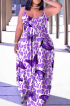 Фиолетовое сексуальное повседневное платье без рукавов с открытой спиной и бретельками с принтом