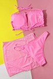Set di tre pezzi del costume da bagno senza schienale scavato con fasciatura solida rosa sexy (con imbottiture)