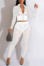 White Sexy Patchwork Hot Drilling See-through Zipper Collar Long Sleeve Two Pieces