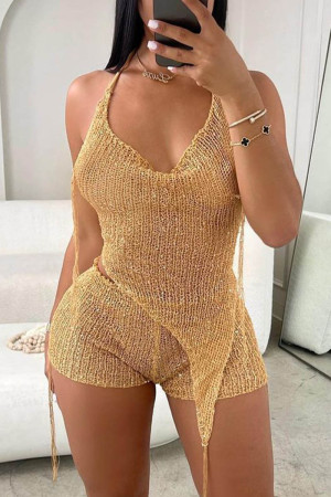 Gold Sexy Solid Bandage Backless Hooded Collar Sleeveless Two Pieces
