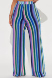 Pantalones estampado de rayas casuales básicos de cintura alta estampado completo convencional azul púrpura