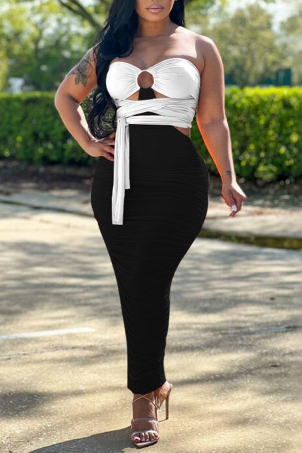 Vestido largo sin tirantes de contraste asimétrico con pliegues sin espalda de patchwork sexy negro Vestidos