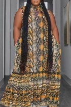 Gelbes, lässiges, bedrucktes Basic-Kleid mit halbem Rollkragen und langem Kleid in Übergröße