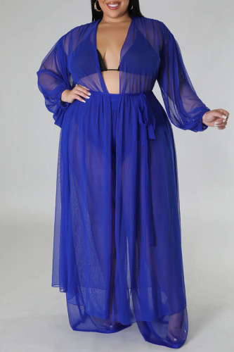 Blue Sweet Solid See-through Mesh Cardigan Collar Plus Size Two Pieces(Without Bikinis )