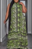 Grünes, lässiges, bedrucktes Basic-Kleid mit halbem Rollkragen und langem Kleid in Übergröße