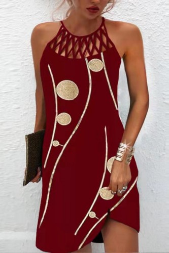 Burgundy Casual Print Hollowed Out O Neck Sleeveless Dress Dresses
