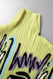 Yellow Casual Print Asymmetrical Turtleneck Tops