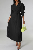 Schwarze, elegante, solide Patchwork-Frenulum-Falte, POLO-Kragen, plissierte Kleider (mit Gürtel)