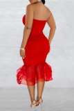 Красное сексуальное вечернее платье без бретелек с открытой спиной