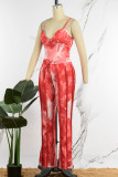 Rose Red Sexy Casual Print Tassel Backless Spaghetti Strap Sleeveless Two Pieces