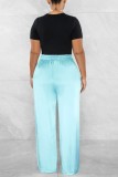 Calça azul clara casual sólida básica regular cintura alta convencional de cor sólida