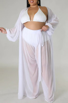 White Sweet Solid See-through Mesh Cardigan Collar Plus Size Two Pieces(Without Bikinis )