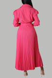 Vestidos plisados ​​de cuello POLO con pliegues de frenillo de retazos sólidos elegantes de color rojo rosa (con cinturón)