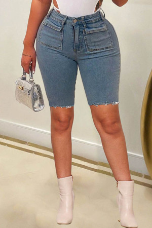 Blue Casual Solid Hollowed Out Patchwork Mid Waist Skinny Denim Shorts