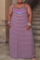 Purple Casual Striped Print Letter V Neck Sling Dress Plus Size Dresses