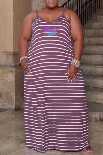 Purple Casual Striped Print Letter V Neck Sling Dress Plus Size Dresses
