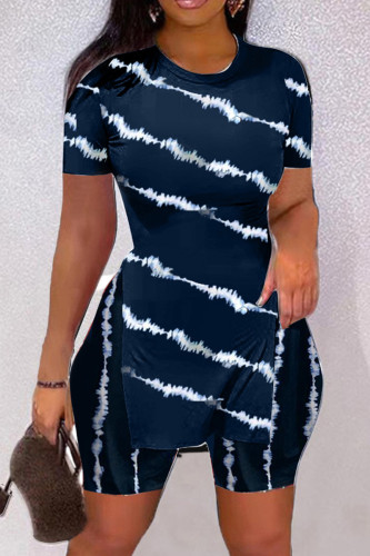 Blue Casual Print Slit O Neck Short Sleeve Two Pieces