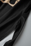 Zuivere zwarte casual print met split, ronde hals, korte mouwen, tweedelig