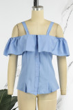 Blu Casual Solid Backless Off the Shoulder Top