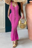 Apricot Sexy Solid Hollowed Out See-through U Neck Beach Dress Dresses