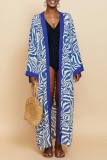 Blue Casual Print Patchwork Cardigan Swimwears Cover Up